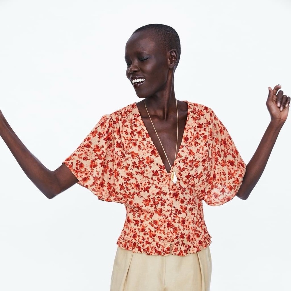 Floral V-Neck Blouse - Red